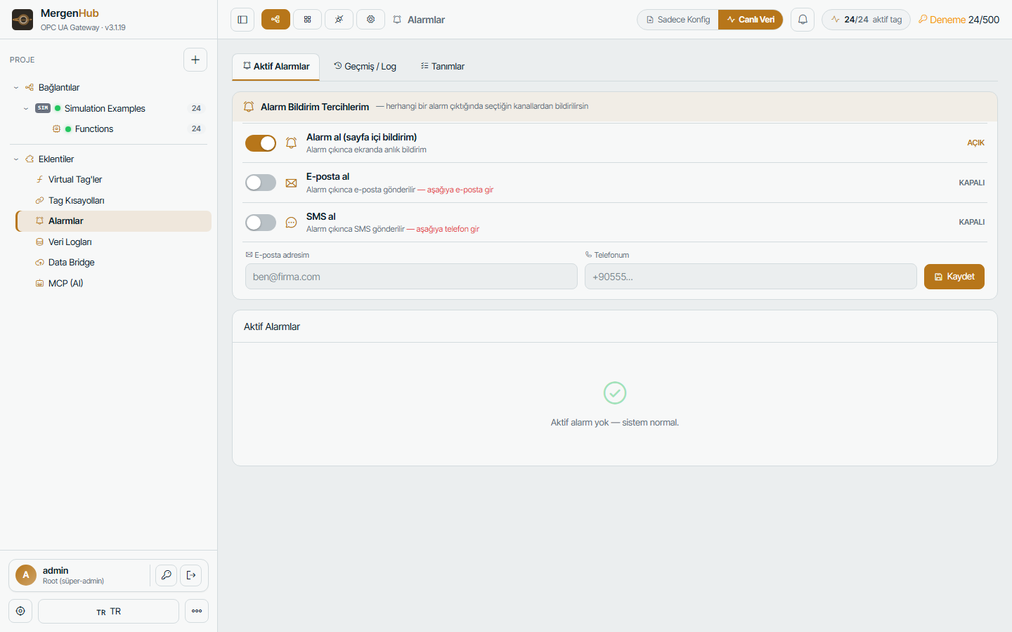 Alarms — active list, definitions and history tabs