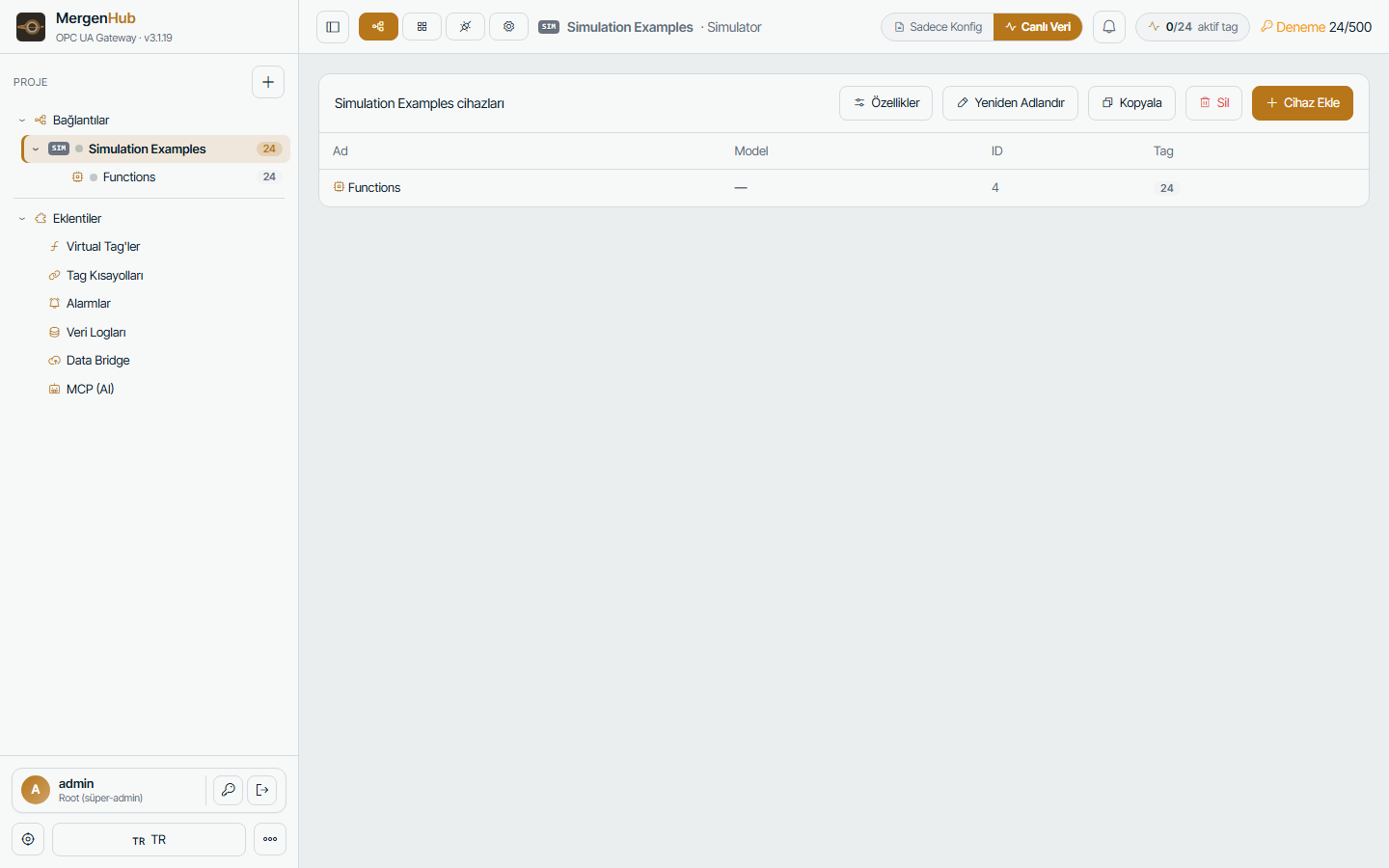 Connectivity — channel list, device tree and the live tag table