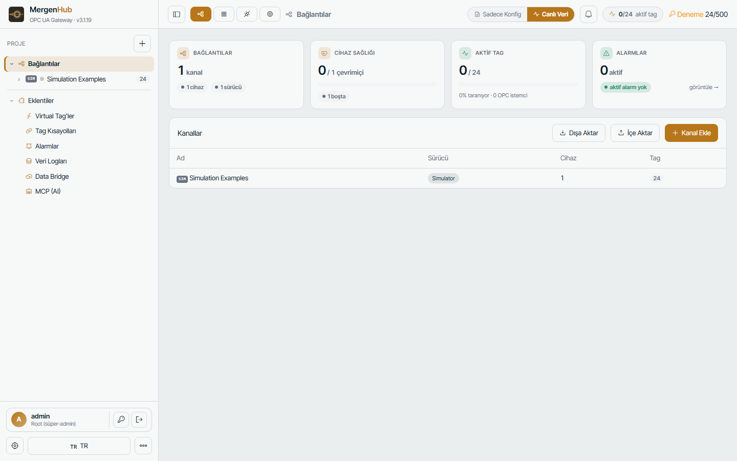 MergenHub dashboard right after installation — the connectivity view with a simulator channel