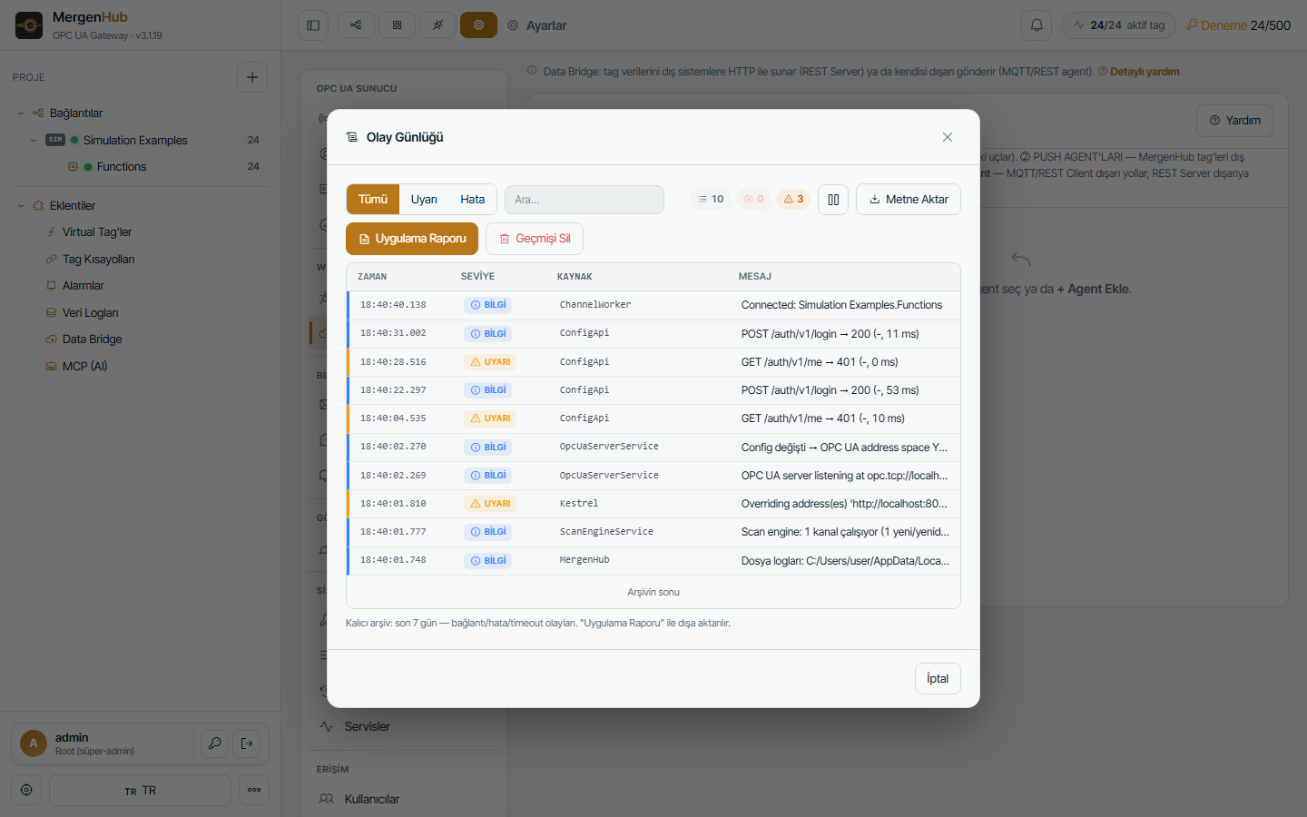 The Event Log window — filter by level, search, export, and the Application Report button