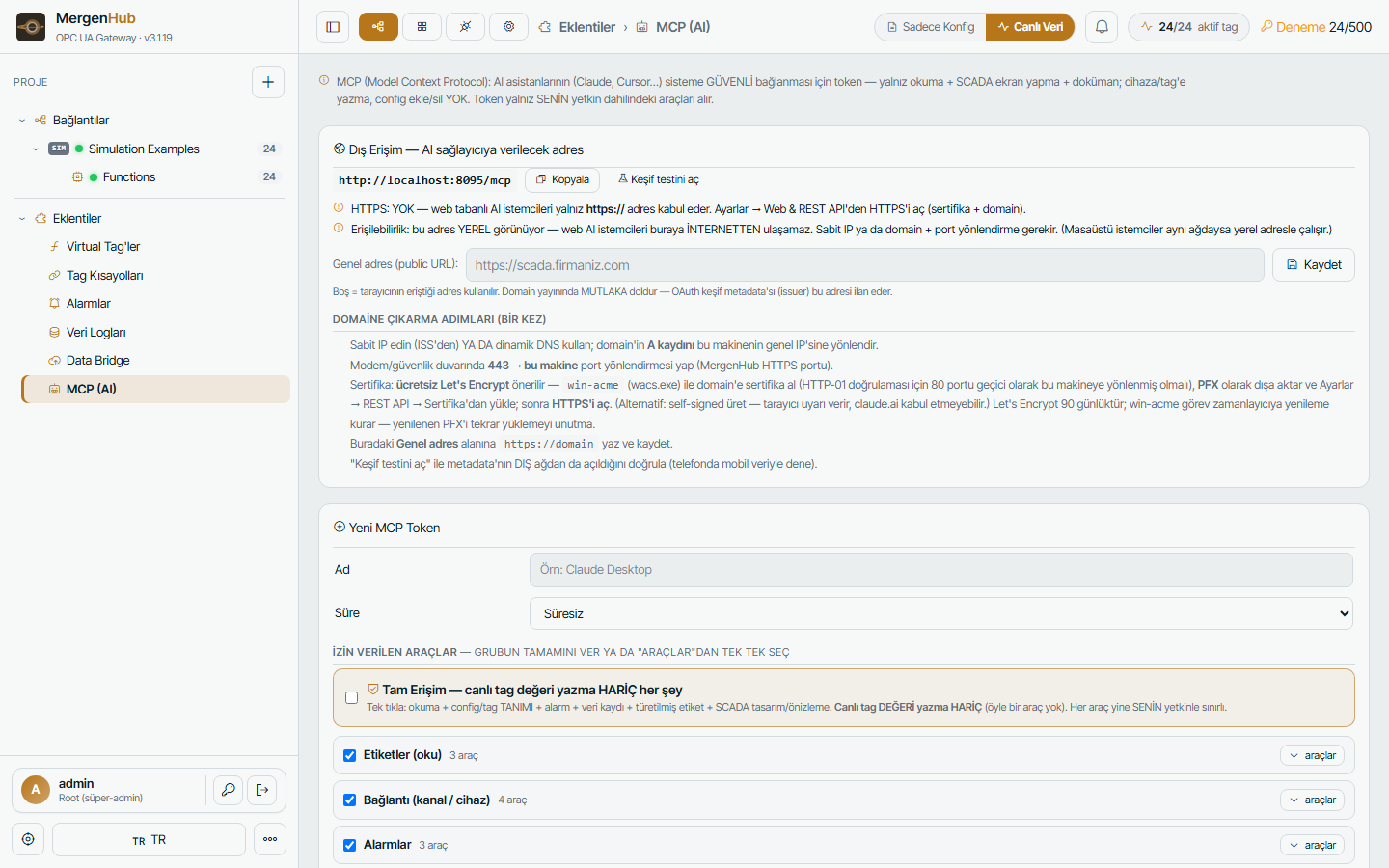 Extensions › MCP (AI) — server status, tokens and connected clients