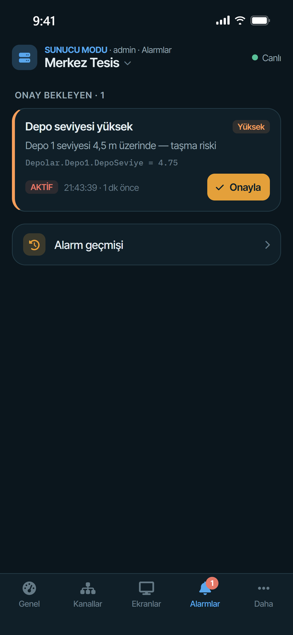 Alarmlar sekmesi — onay bekleyen ve onaylanmış alarmlar