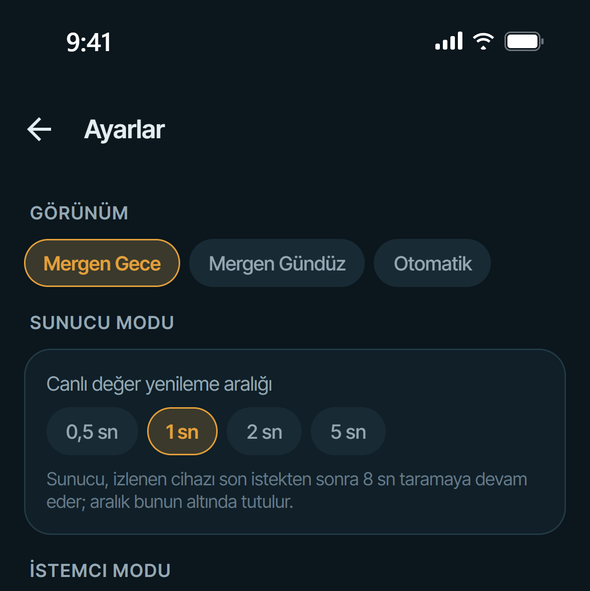 Ayarlar — görünüm, yenileme aralığı, güvenlik