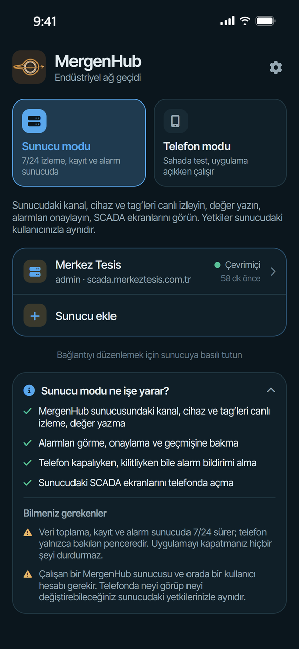 Ana sayfa — sunucu modu ve telefon modu seçimi