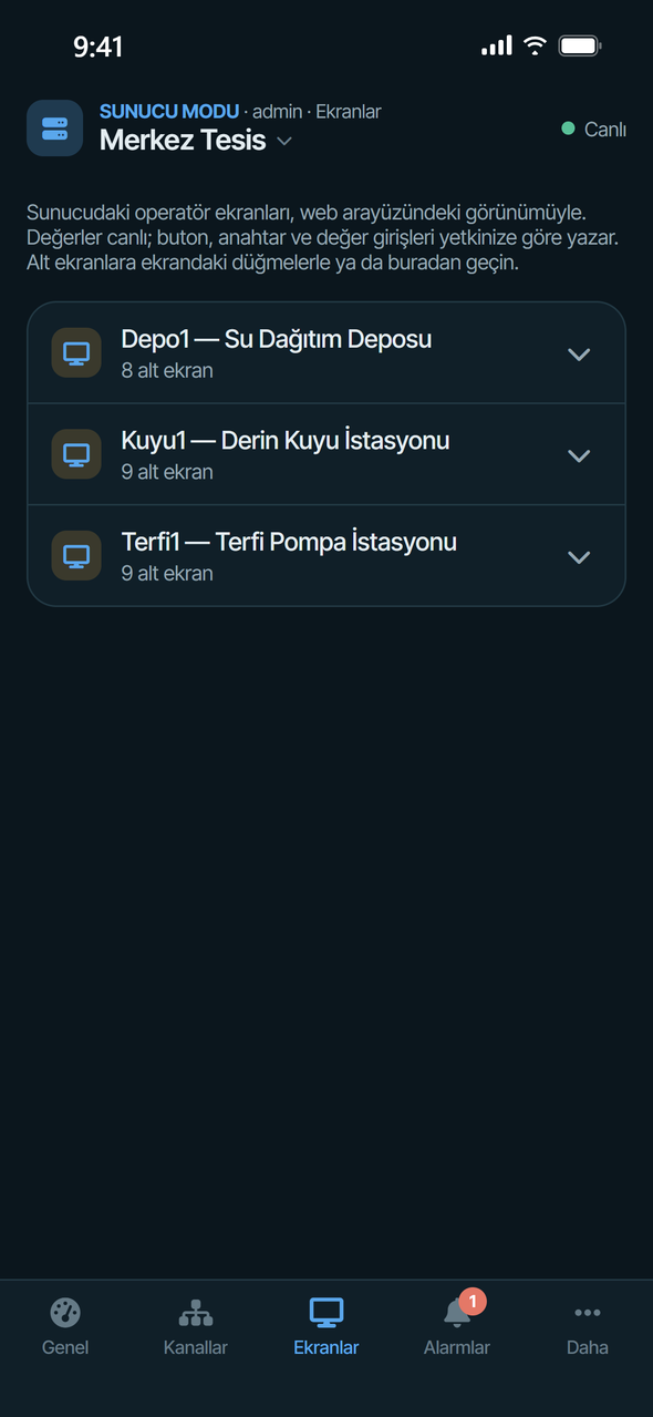 Ekranlar sekmesi — ana ekranlar ve alt ekranlar