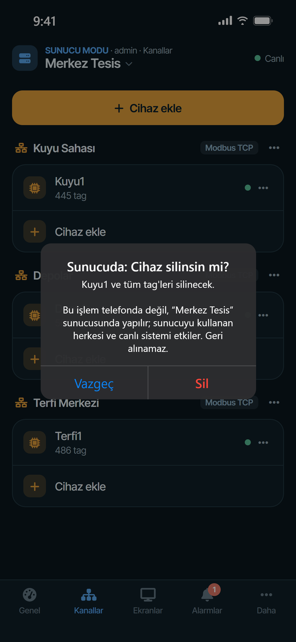 Sunucuda onayı — işlemin hangi sunucuda yapılacağını söyleyen pencere
