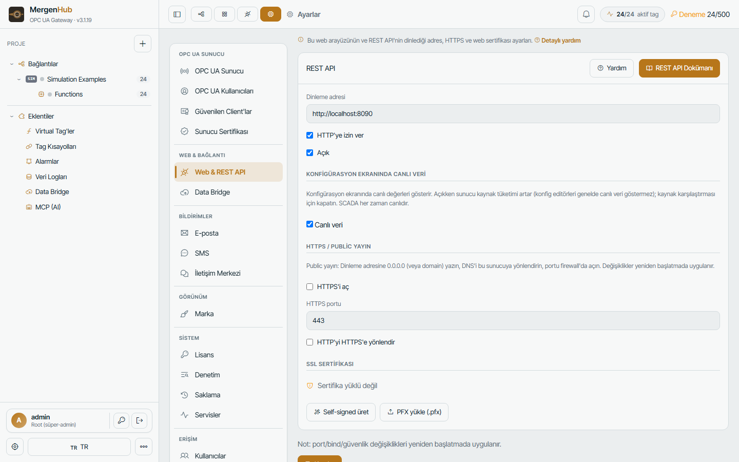 Settings › Web & REST API — port, HTTPS, CORS and API access options