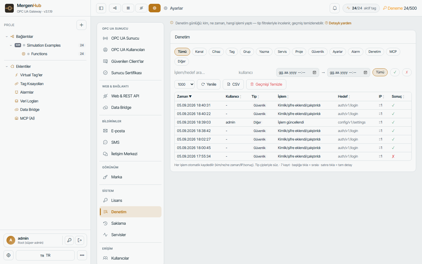 Settings › Audit — filter chips by category, user and time; every configuration change is listed