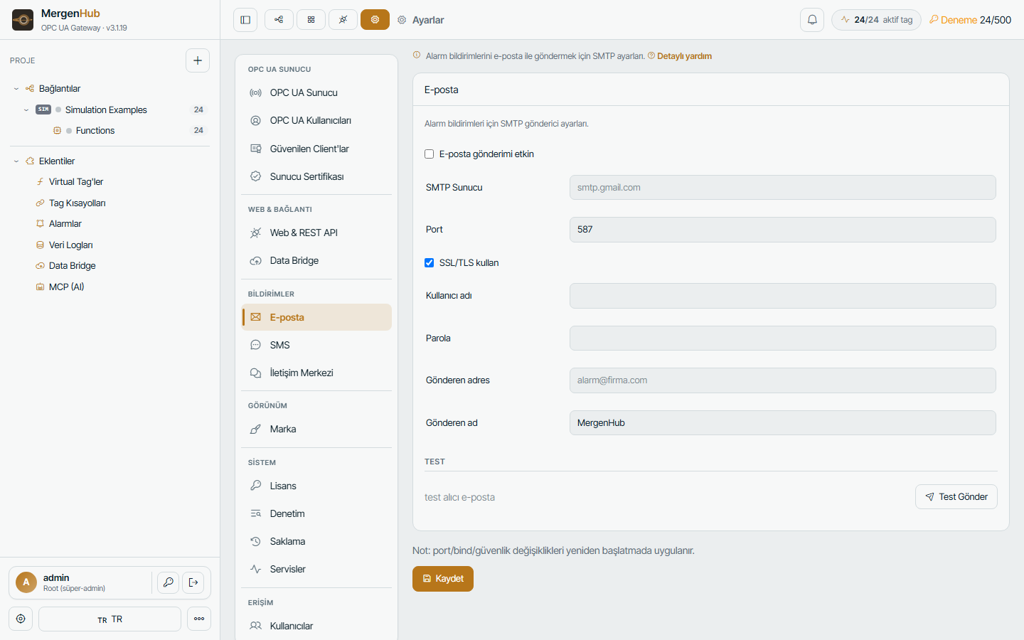 Settings › E-mail — SMTP server, sender and test message