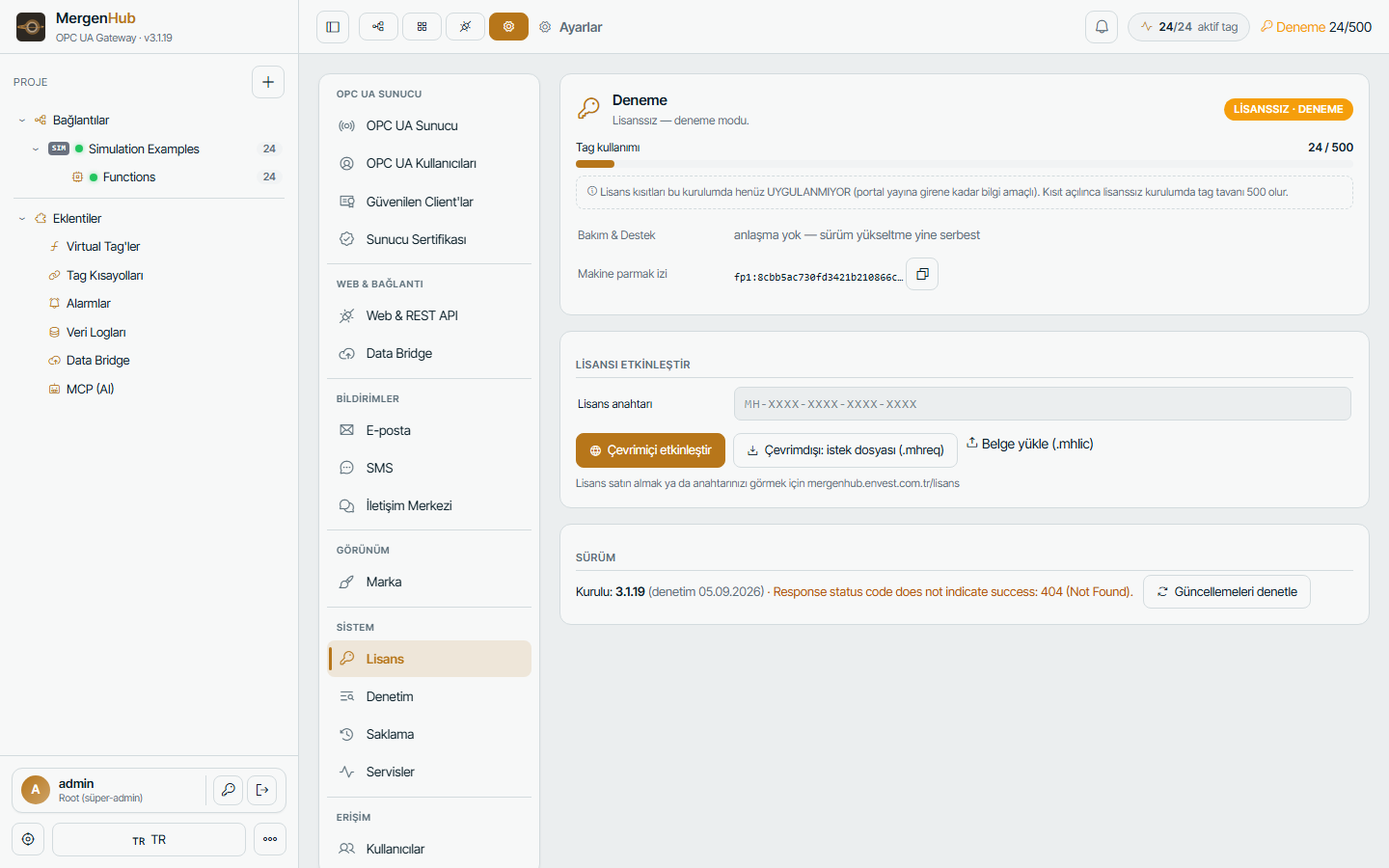 Settings › License — status, tag usage, activation, offline files and update check