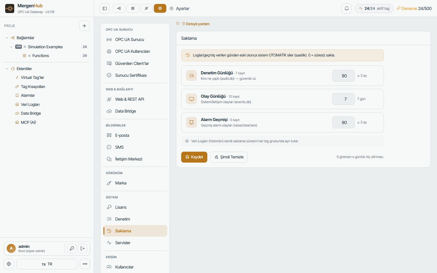 Settings › Retention — how long events, audit and alarm history are kept
