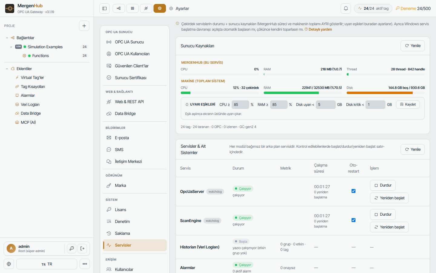 Settings › Services shows every channel worker and its health at a glance