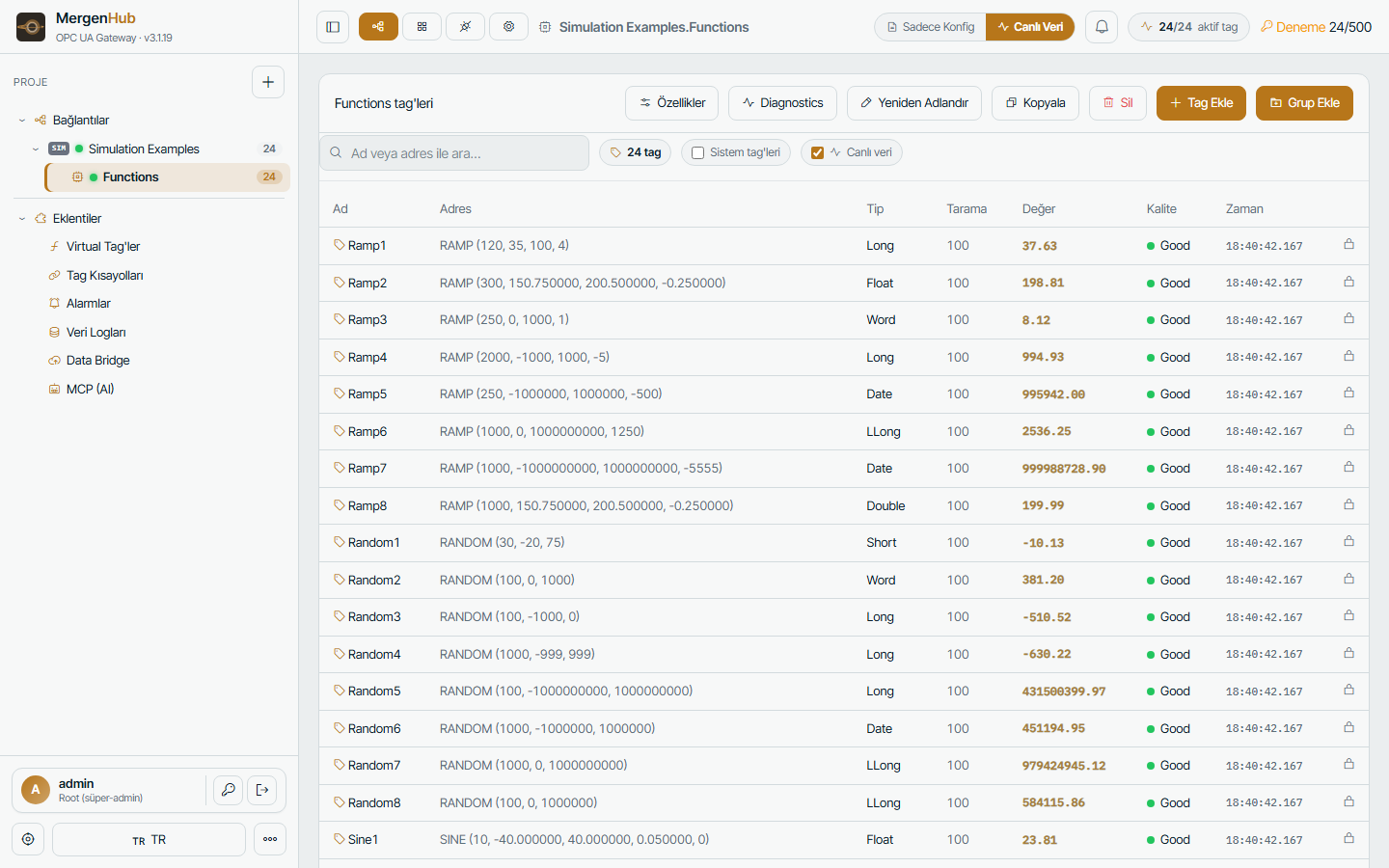 Tag table of a device — value, quality and timestamp update live