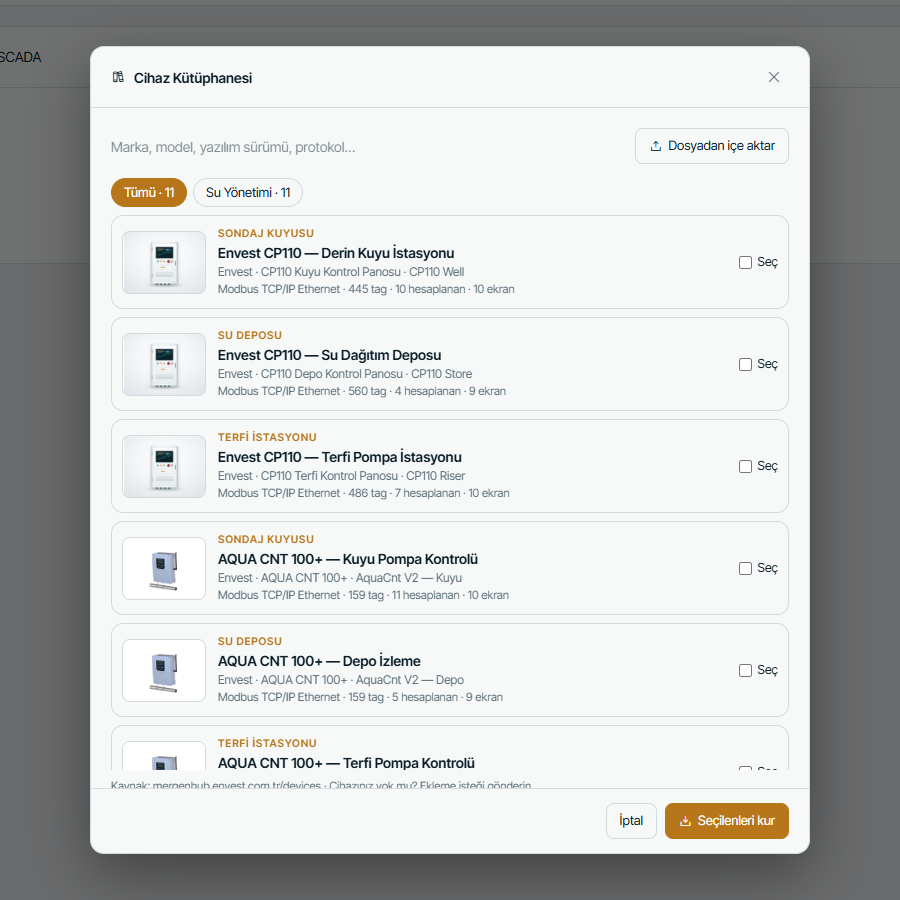 MergenHub web arayüzünde Cihaz Kütüphanesi penceresi