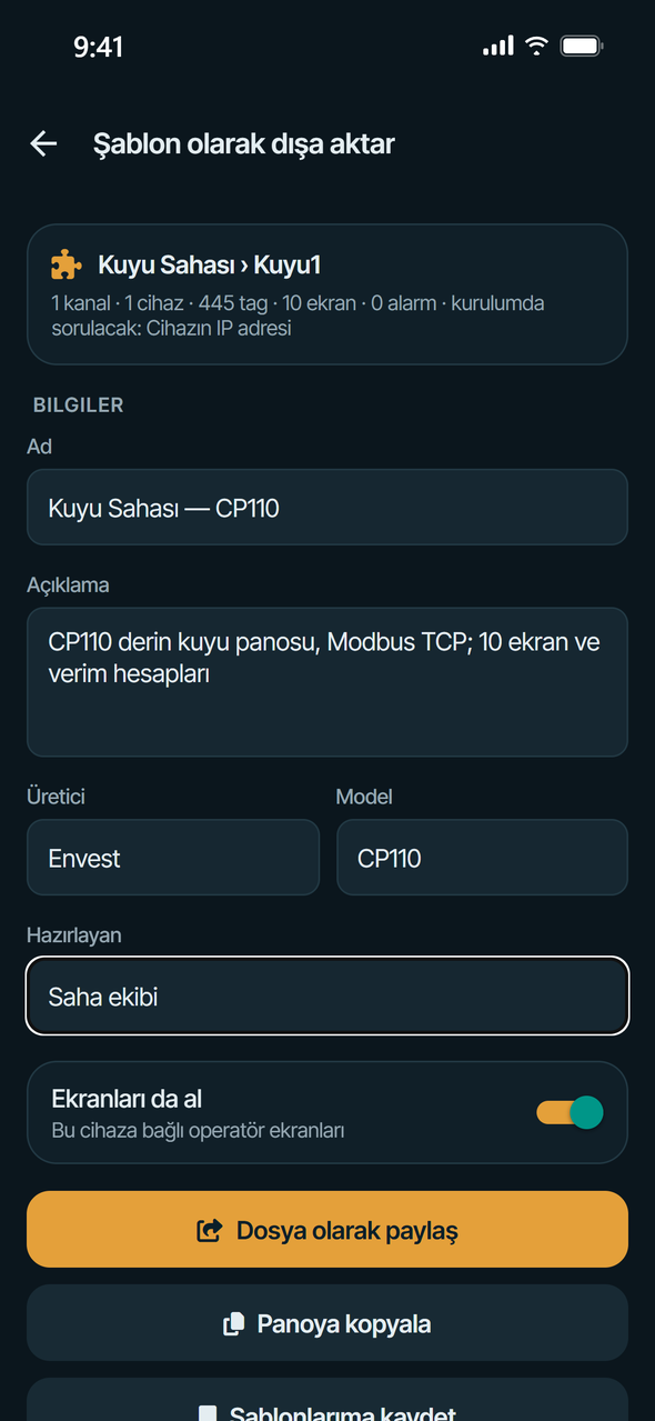 MergenHub Mobil'de şablon olarak dışa aktarma