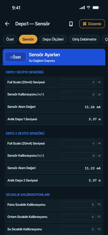 Telefonda ayar sekmesi: Envest CP110 Depo Kontrol Panosu
