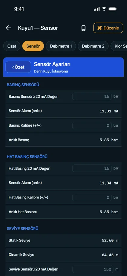 Settings tab on the phone: Envest CP110 Kuyu Kontrol Panosu