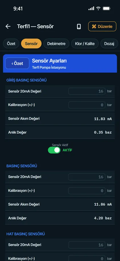 Settings tab on the phone: Envest CP110 Terfi Kontrol Panosu