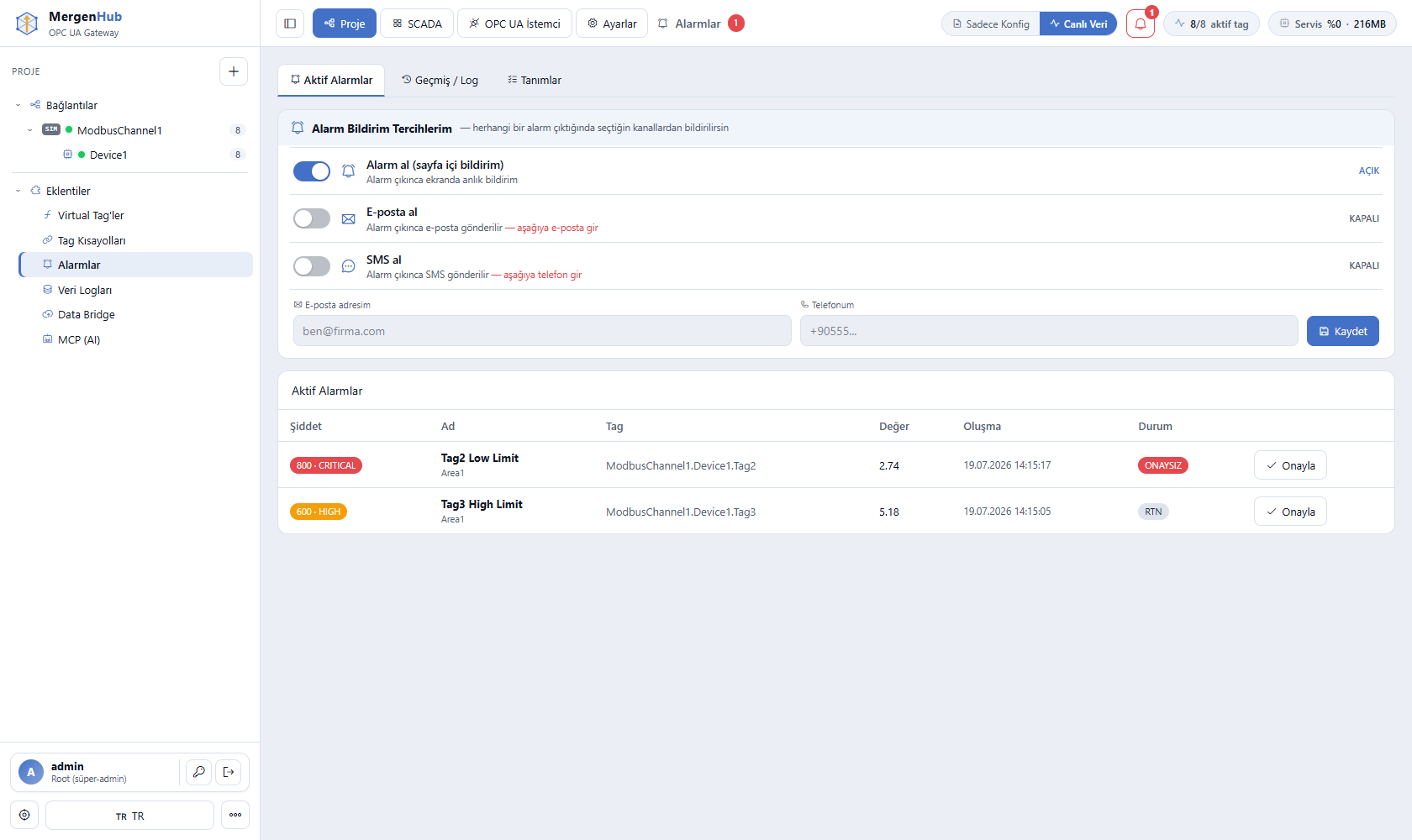 MergenHub alarm yönetimi