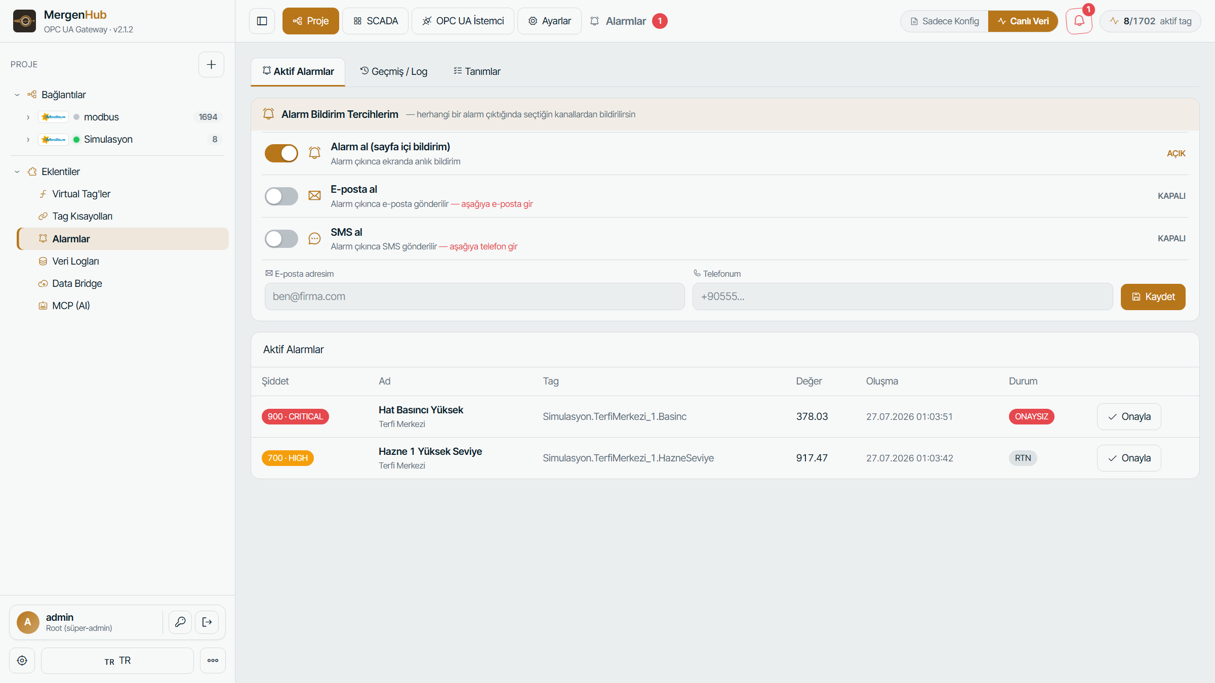 Alarm management — active alarms and notification preferences