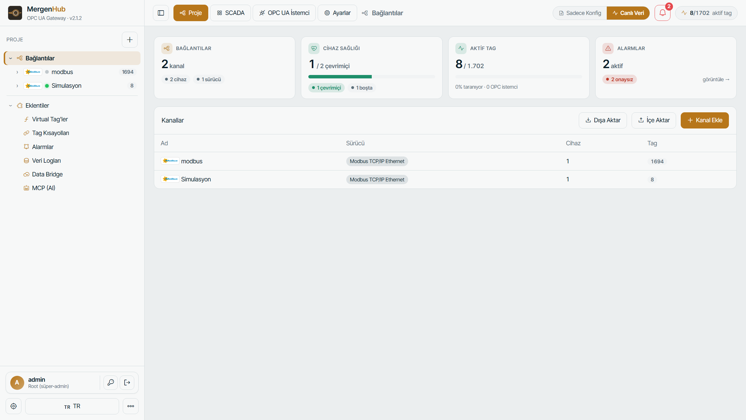 Project dashboard — channel, device health and active tag summary
