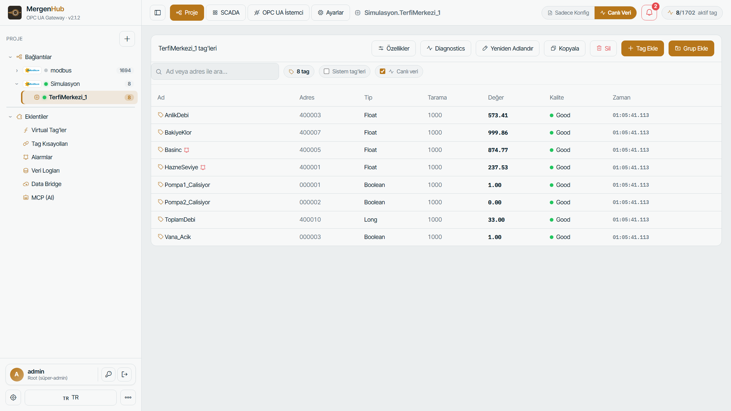 Live tag table — value, quality and timestamp